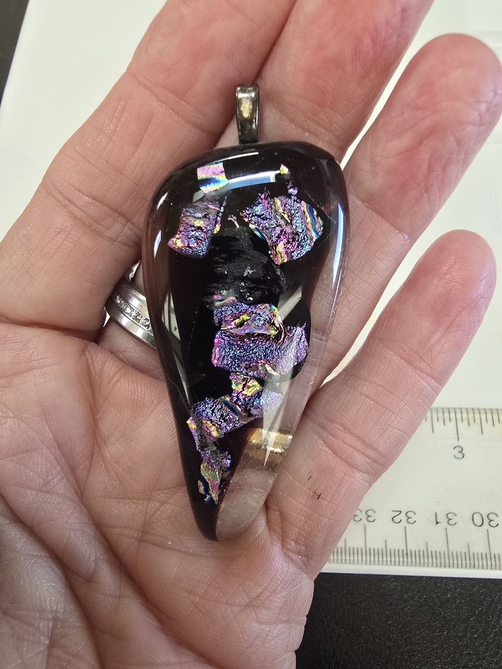 Hand Crafted Dichroic Glass Teardrop Pendant in Iridescent Purple